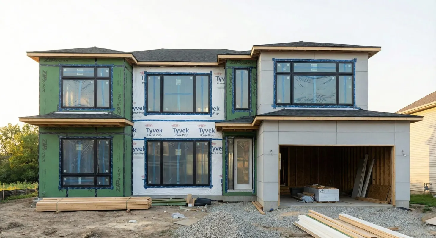 Two-story house under construction with Tyvek wrap and new windows