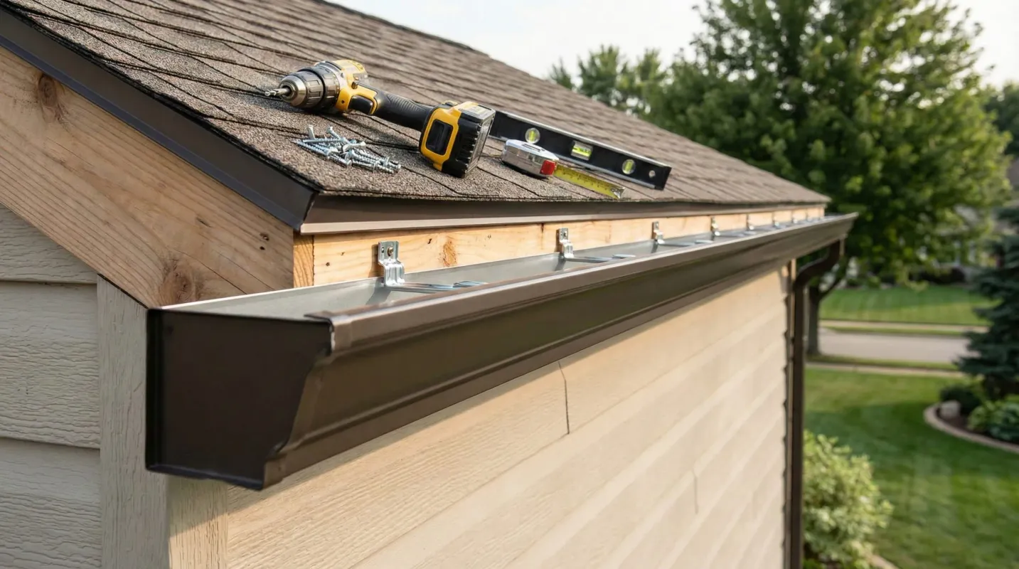 Tools and hardware on a new roof with brown gutters and siding